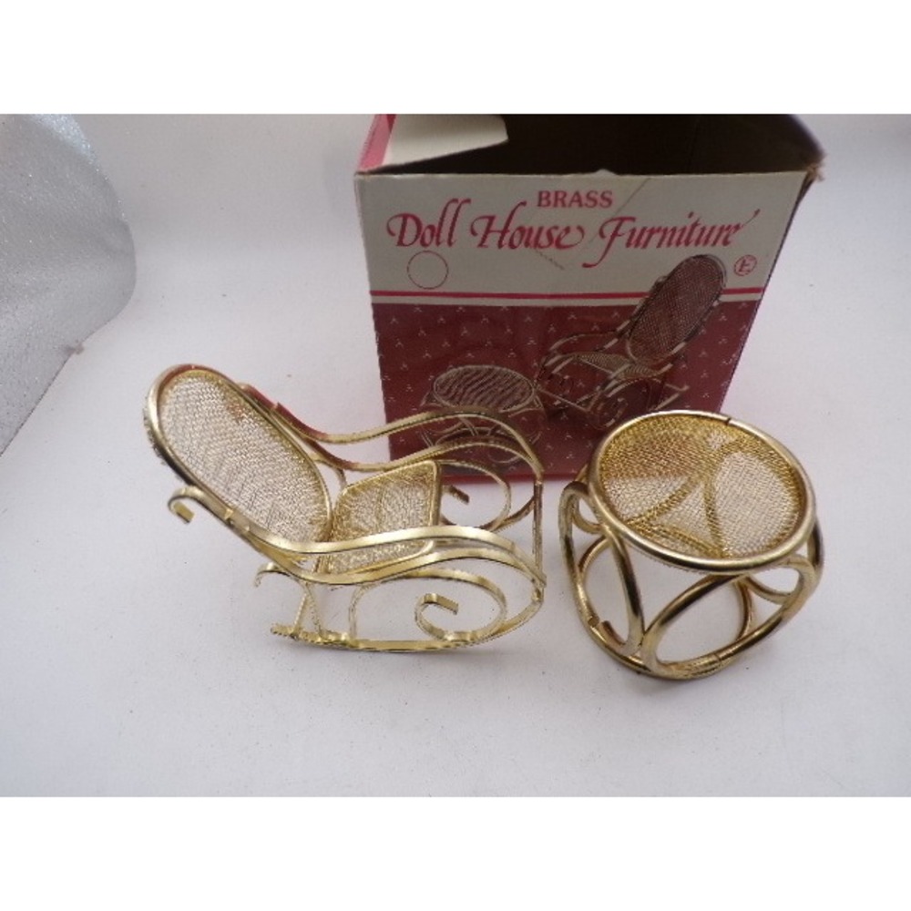Vintage Brass Dollhouse Furniture Rocking Chair and Table Set Gold Mesh Miniatur